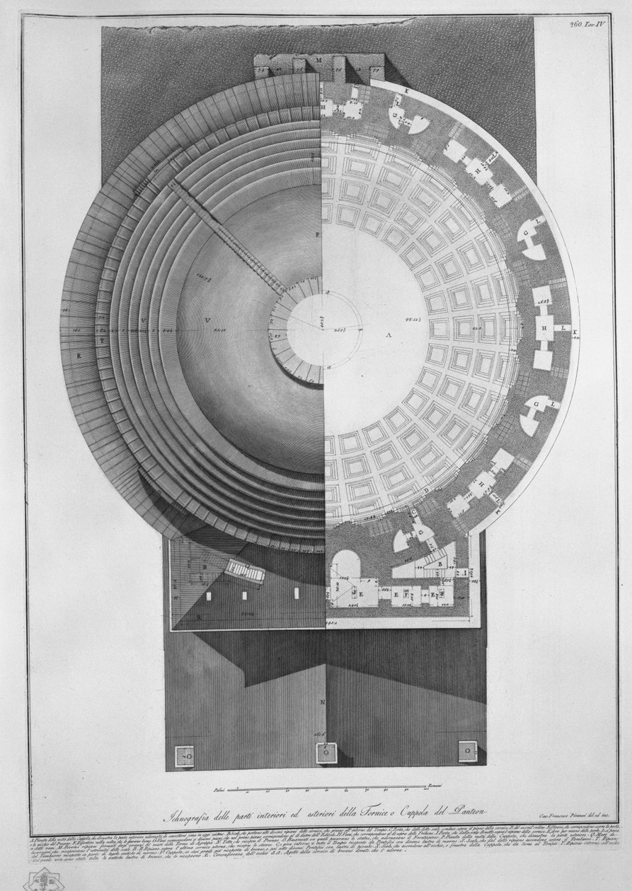 Iknografi av de indre og ytre delene av Fornice eller Cuppola of Pantheon av Francesco Piranesi