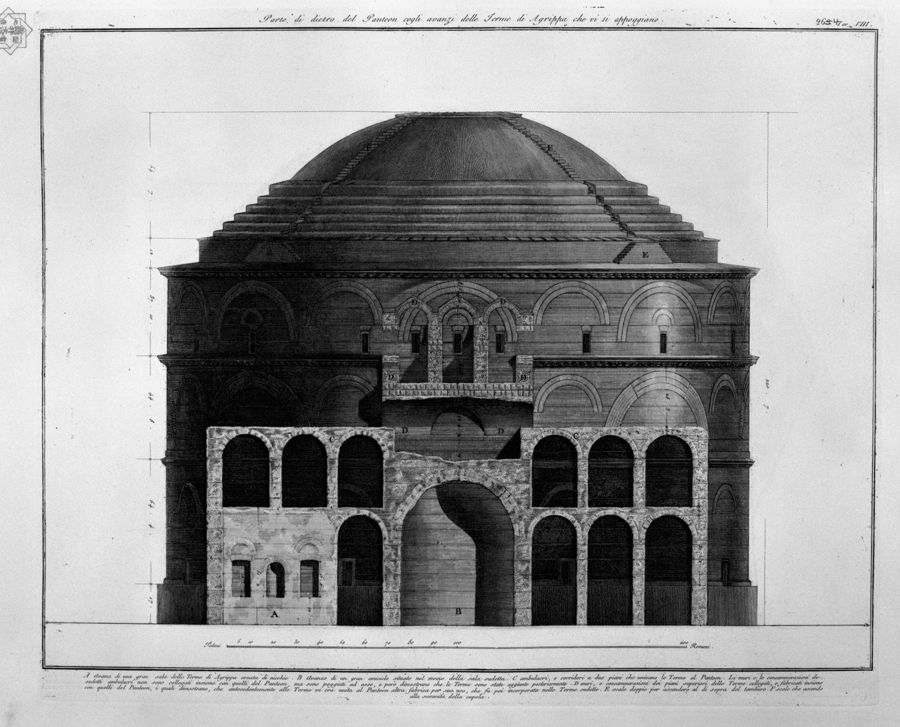 Baksiden av Pantheon med restene av Baths of Agrippa, som lener seg på den av Francesco Piranesi