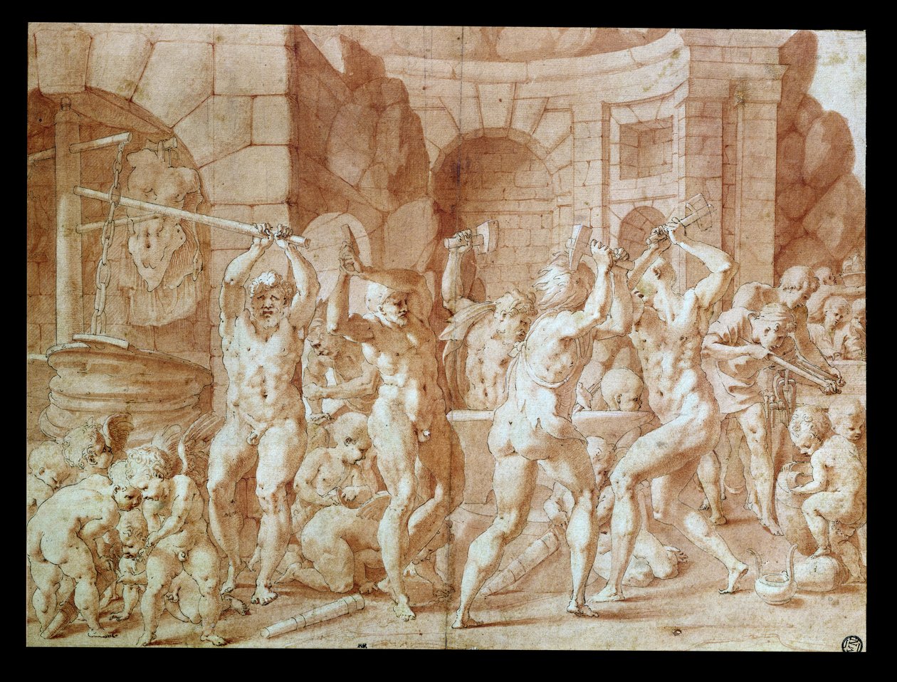 Cyclops in the Forge of Vulcan (penn og blekk og rødt kritt på papir) av Francesco Primaticcio