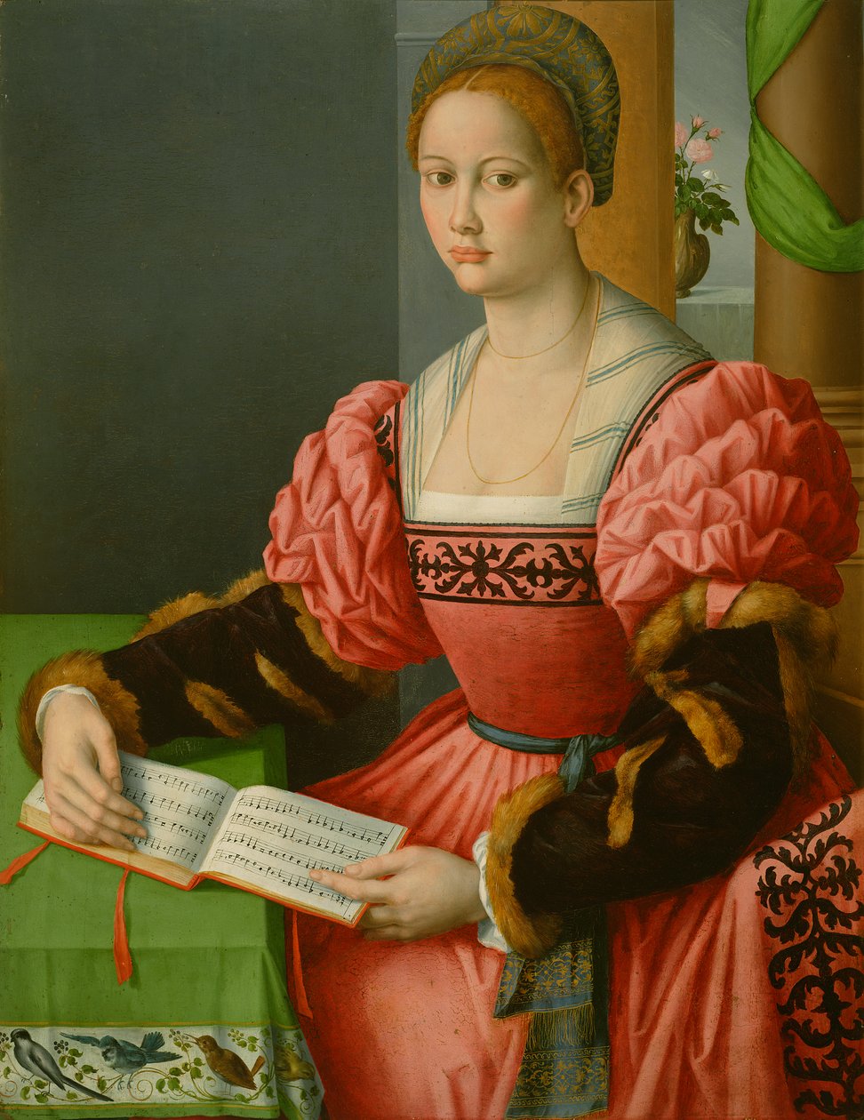 Portrett av en kvinne med en musikkbok, ca. 1540-45 av Francesco Ubertini, Il Bacchiacca