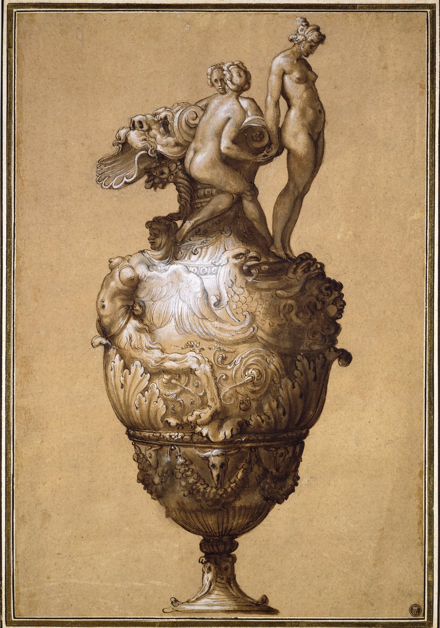 Design for en Ewer (penn og brunt blekk med grå vask, forsterket med kroppsfarge, over svart kritt på buff papir) av Francesco de Rossi Salviati Cecchino