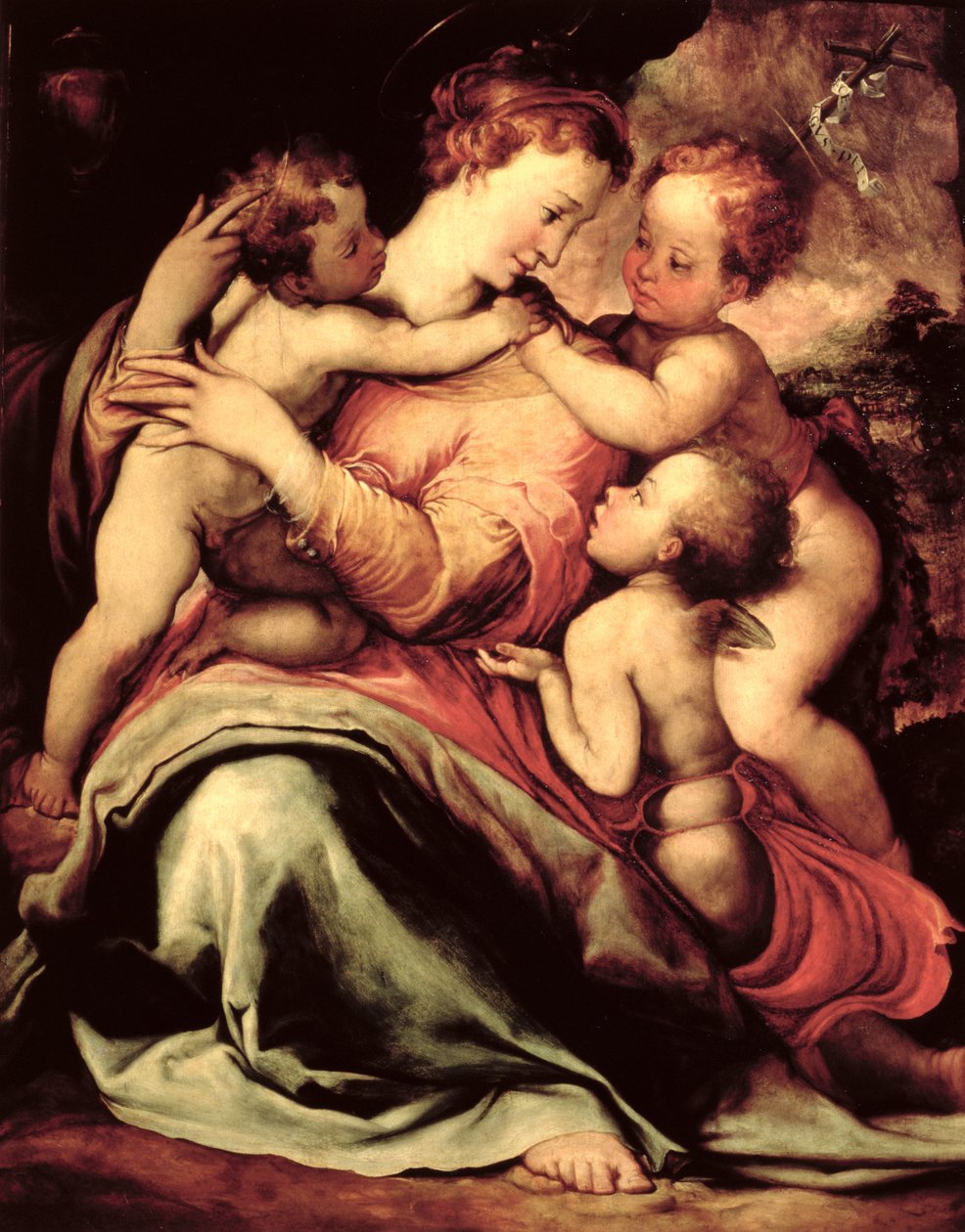Madonna og barn med en engel og spedbarnet St. Johannes døperen av Francesco de Rossi Salviati Cecchino
