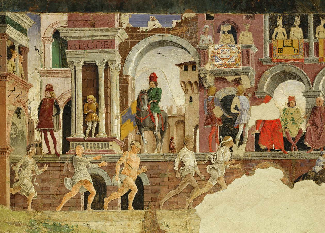 Allegory of April: en forestilling på Borso dEste-plassen, detalj om løpende fotgjengere, 1469-70, fresco av Francesco del Cossa
