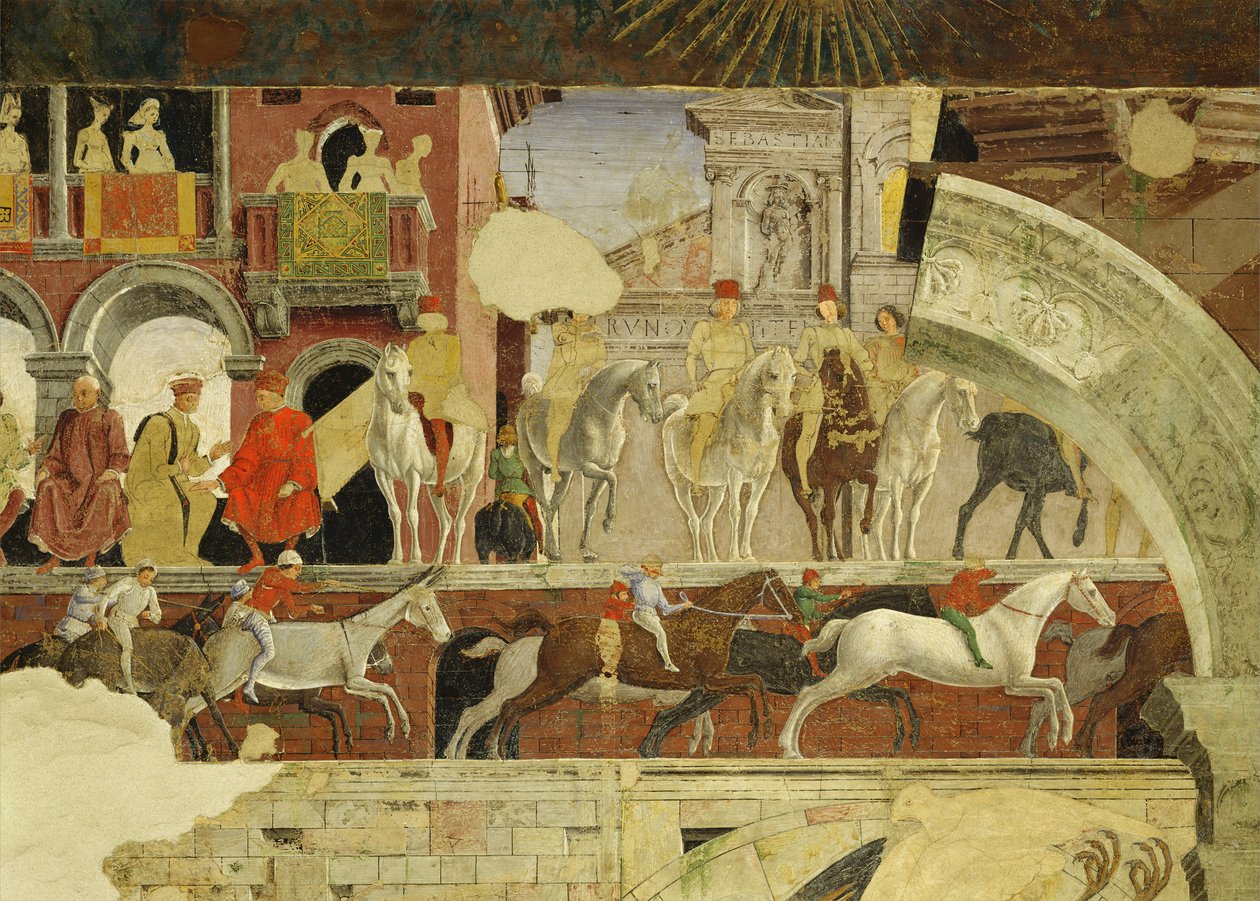 Allegory of April: en forestilling på Borso dEste-plassen, detalj av hester og esler som løper, 1469-70, fresco av Francesco del Cossa