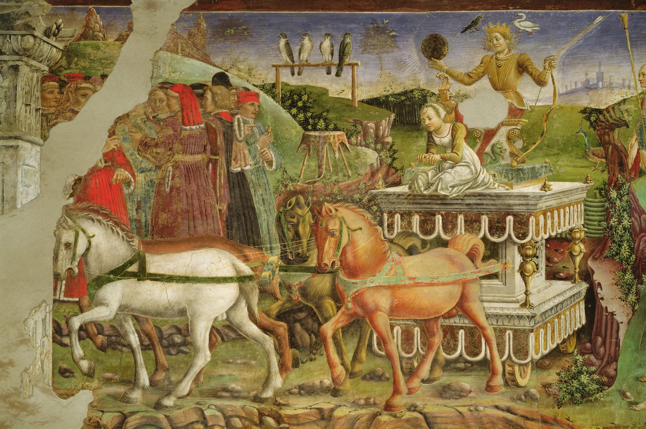 Allegori av mai: Apollos vogn trukket av hester og drevet av Aurora, detalj fra Triumph of Apollo, 1469-70, av Francesco del Cossa