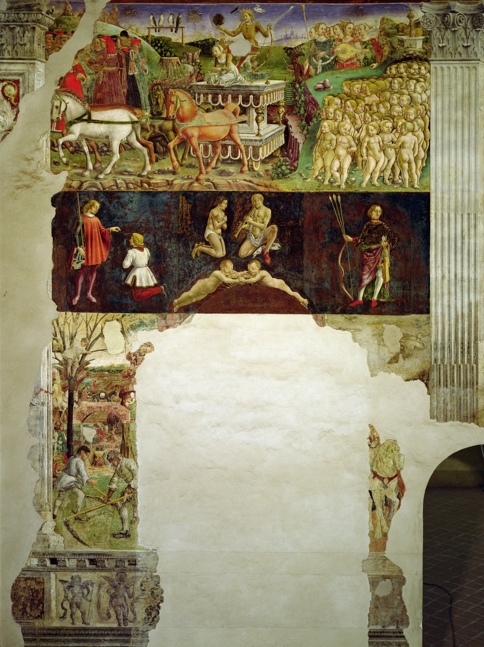 Allegory of May: Astrological Symbols of Gemini and Triumph of Apollo, av Francesco del Cossa, 1469 - 1470, 15. århundre, fresk av Francesco del Cossa