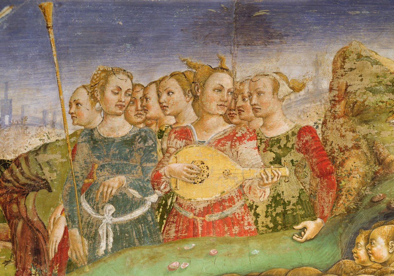 Allegory of May: The triumph of Apollo, detalj av en gruppe unge jenter med en luttspiller, 1469-70, av Francesco del Cossa