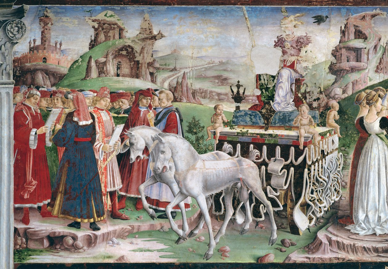 The Triumph of Minerva: March, from the Room of the Months, detalj av vognen og gruppen av frelsere, ca. 1467-70 av Francesco del Cossa