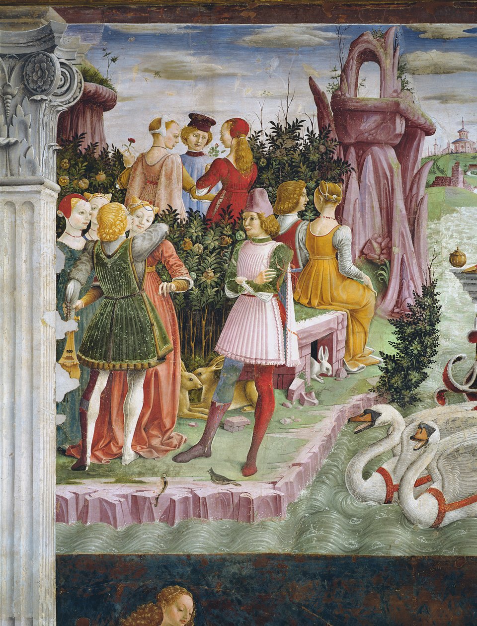 The Triumph of Venus: April fra Månedens rom, detalj fra venstre side, ca. 1467-70 av Francesco del Cossa