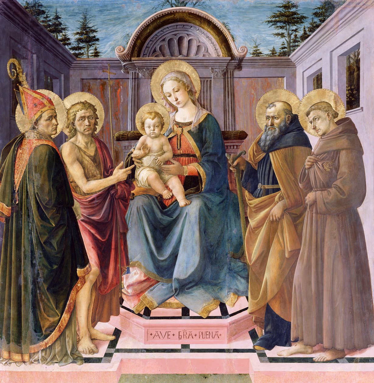 Madonna og barn tronet med (LtoR) SS. Zenobius, døperen Johannes, Anthony Abbed og Francis av Francesco di Stefano Pesellino