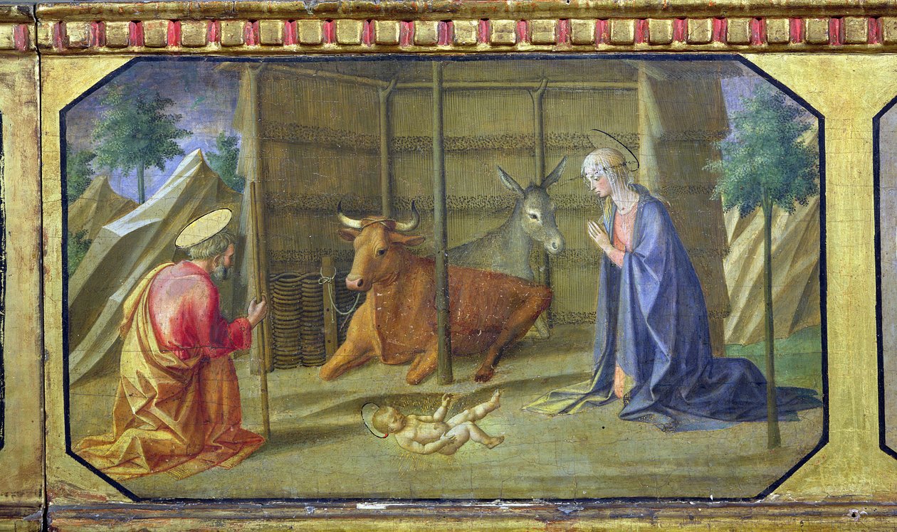 The Nativity, detalj av predella-panelet fra Madonna and Child Enthroned av Filippo Lippi (ca. 1406-69) (tempera på panel) (se også 85689, 85691 og 85693) av Francesco di Stefano Pesellino