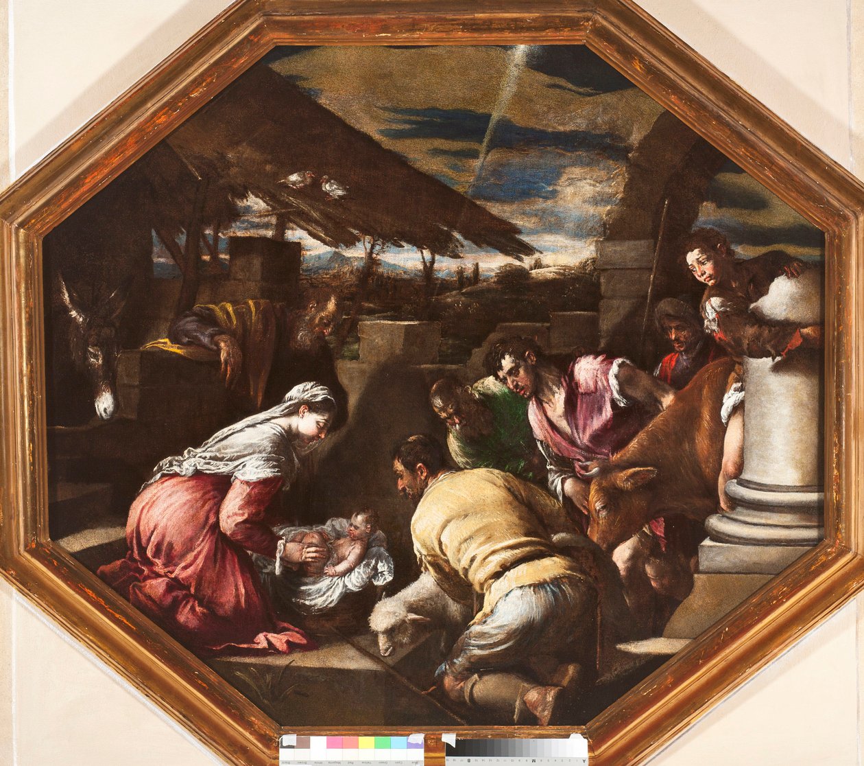 Tilbedelse av hyrdene Maleri av Francesco da Ponte dit Francesco Bassano (1549-1592) Genes, Strada Nuova-museene av Francesco Bassano