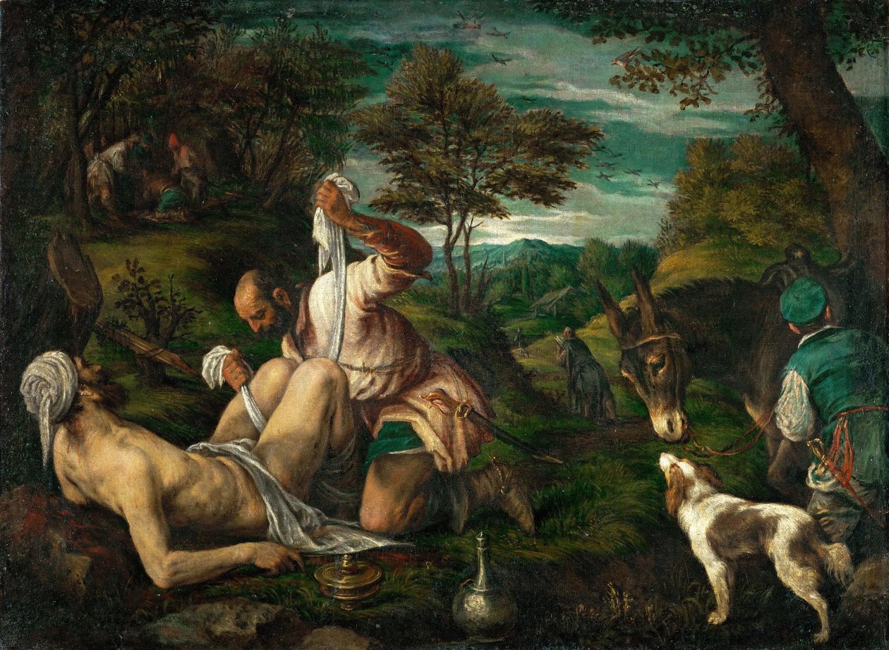 Le bon samaritain - Lignelsen om den barmhjertige samaritan, av Bassano, Francesco, den yngre (1549-1592). Olje på lerret, ca. 1575. Dimensjon : 73x98,4 cm. Kunsthistorisk museum, Vienne av Francesco Bassano