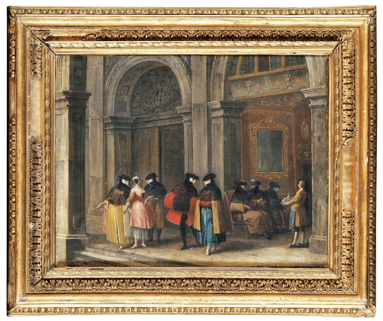 Maskerte figurer som tar kaffe i Caffè Florian, Venezia (olje på lerret) av Francesco (attr. to) Guardi