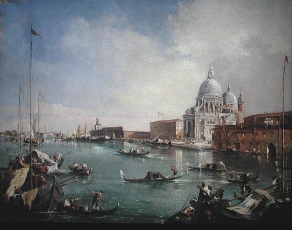 Canal Grande med utsikt over Santa Maria della Salute og Dogana (olje på lerret) av Francesco (attr. to) Guardi