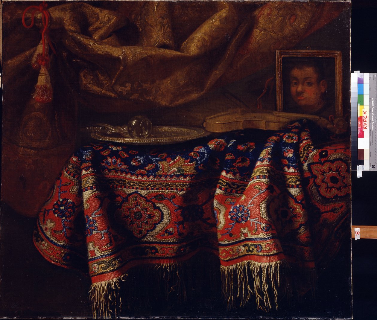 Stilleben med selvportrett. (Stilleben med selvportrett). Maleri av Francesco Fieravino (mellom 1610 og 1660). Italiensk kunst, barokkstil. Regionalt A. Deineka kunstgalleri, Kursk, Russland av Francesco (b.1640) Fieravino