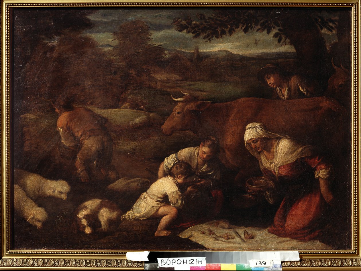 ""Le soir"" (kveld) Familie av gjetere, kvinner og barn som spiser lunsj på gresset. Maleri av følget til Jacopo Bassano (da Ponte) (1510-1592) Ivan Kramskoy (eller Kramskoi) kunstmuseum fra 1500-tallet i Voronezh (Voronezh), Russland. av Francesco (circle of) Bassano