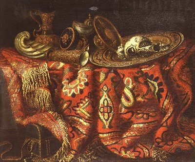 En nautiluskopp, en paten, ær og et forgylt fat på et teppe drapert over en avsats av Francesco (circle of) Fieravino