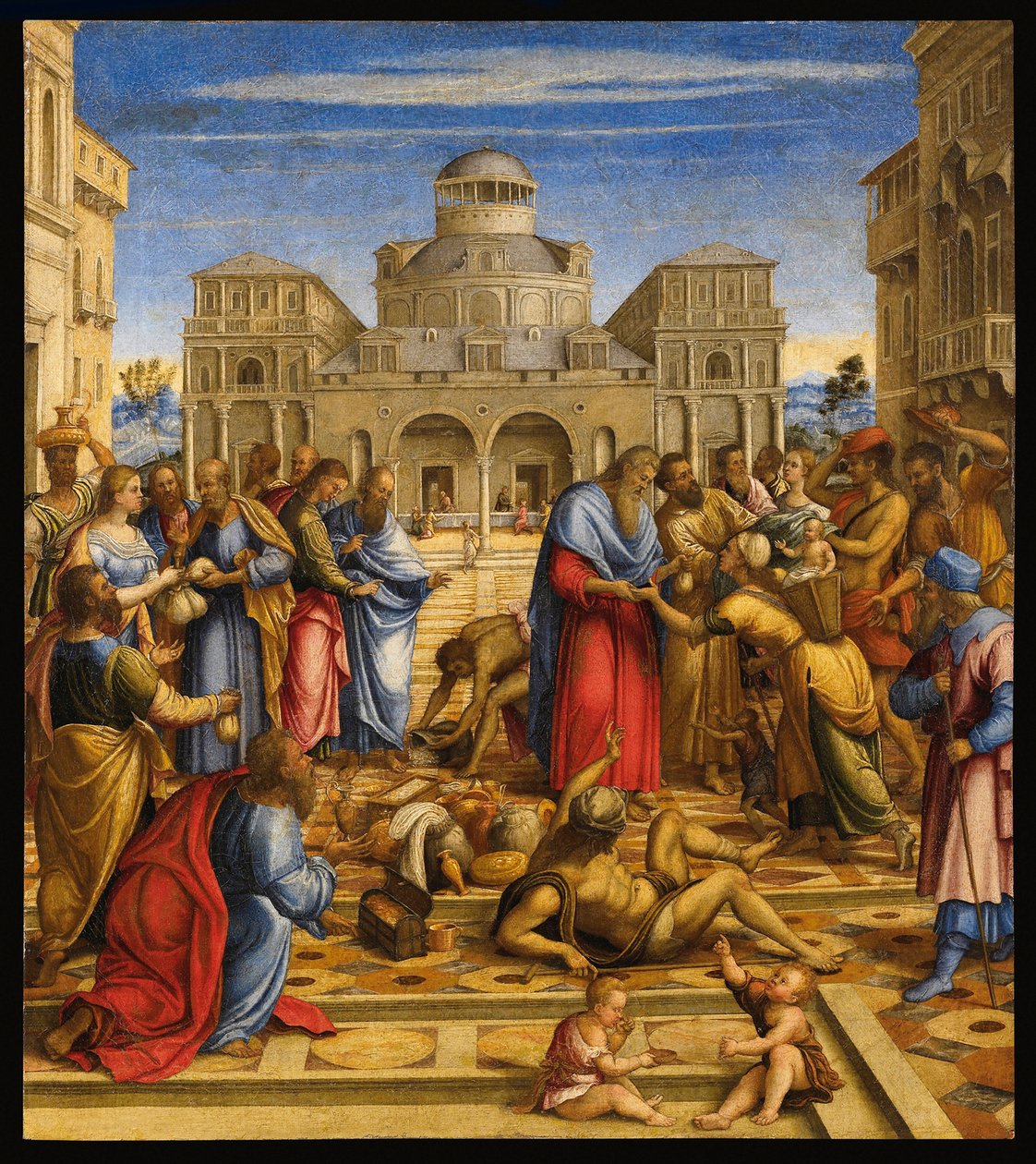 Den hellige Johannes kapellan (Johannes V av Alexandria eller Johannes av Kypros) (556-619), ortodoks patriark av Alexandria, som deler ut penger til de fattige i gatene i byen - Johannes den barmhjertige i Alexandria - Maleri av Francesco di Bernardo de V av Francesco (fl.1508 45) Rizzi da Santacroce