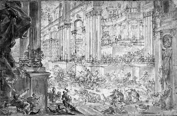 Utvisningen av Heliodorus fra tempelet (penn og blekk) av Francesco (fl.1709 43) Peresi