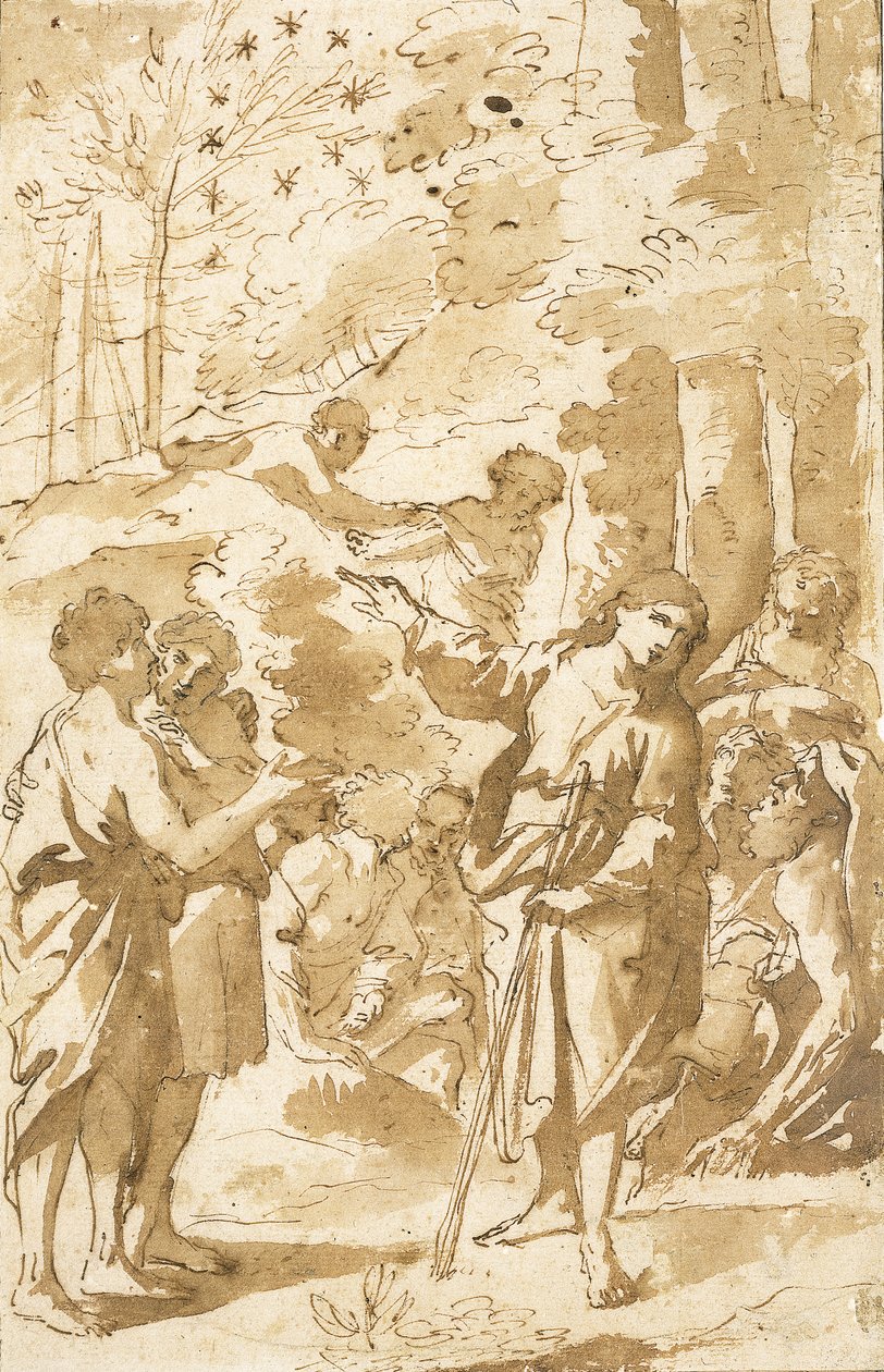 Josef fortalte drømmen sin til faren og brødrene og peker på elleve stjerner på himmelen av Francesco Albani