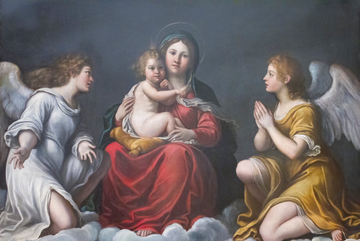 Madonna og barn med engler (olje på skifer) av Francesco Albani
