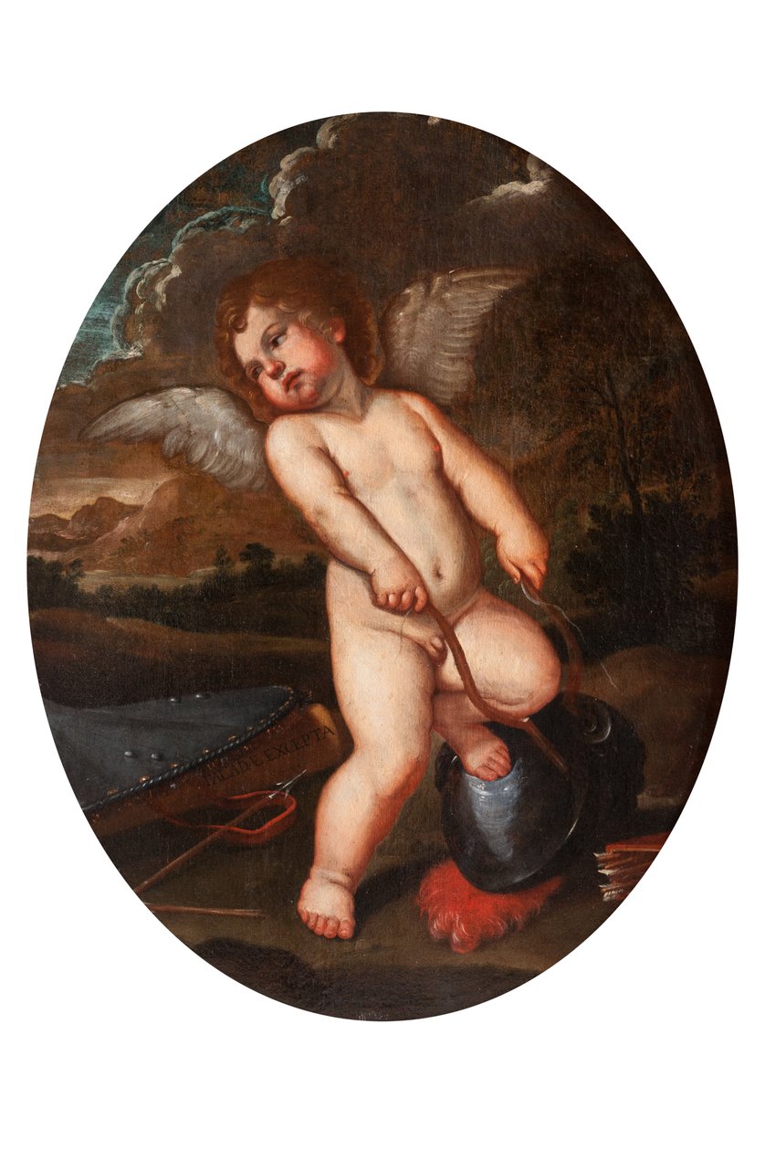 Winged Putto bryter Minervas instrumenter av Francesco Albani
