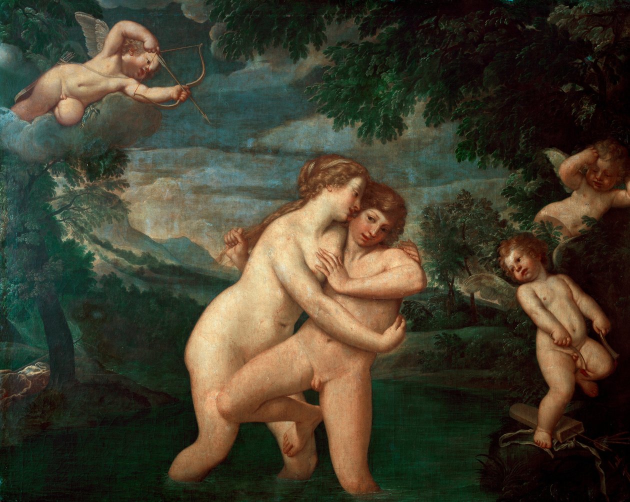 Salmacis i badet frastøtt av Hermaphrodite Nymfen Salmacis, eprise av sønnen til Hermes og Afrodite, ser sine fremskritt frastøtes - Maleri av Francesco Albani dit l