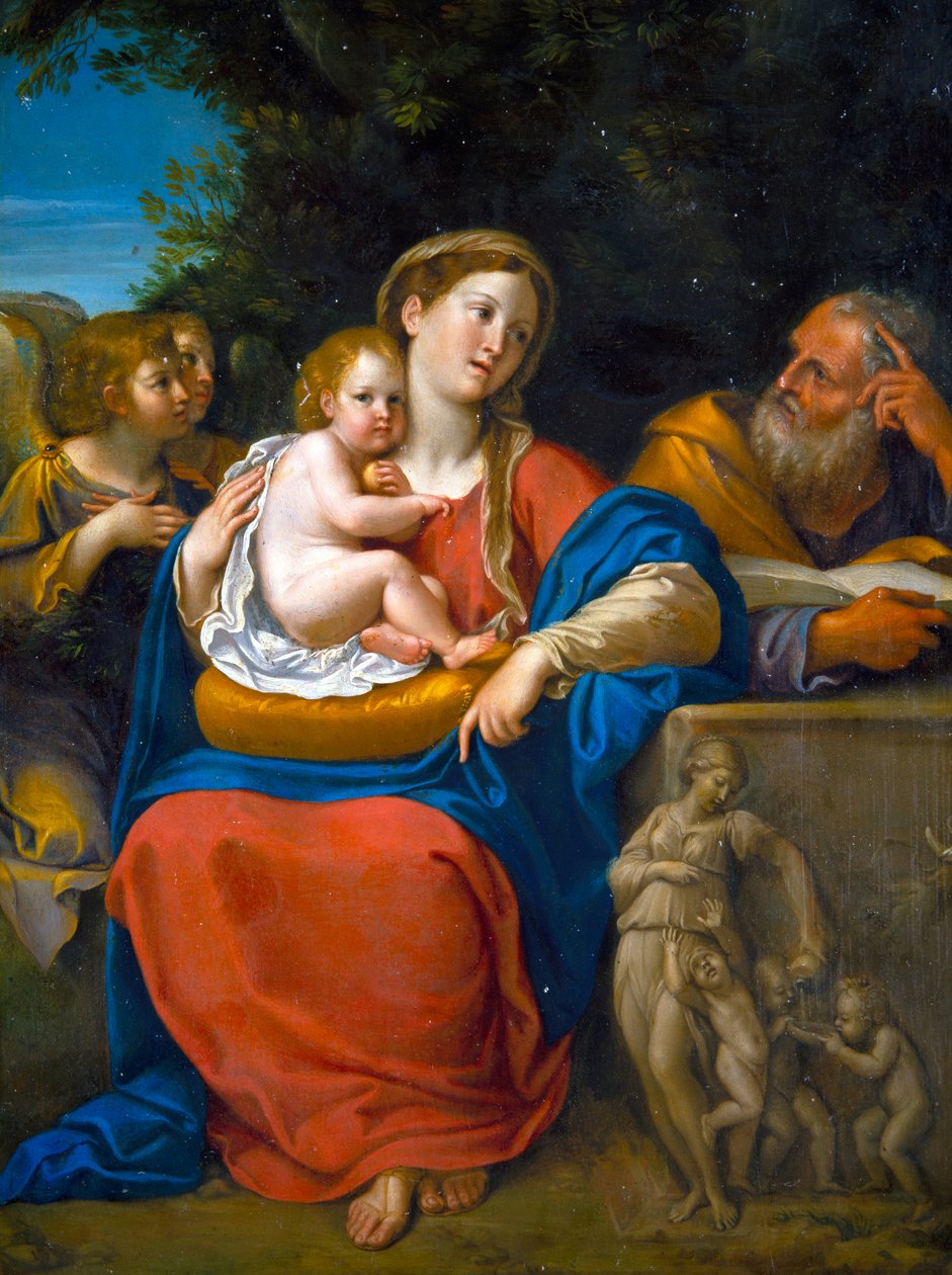 Den hellige familie (olje på metall) av Francesco Albani