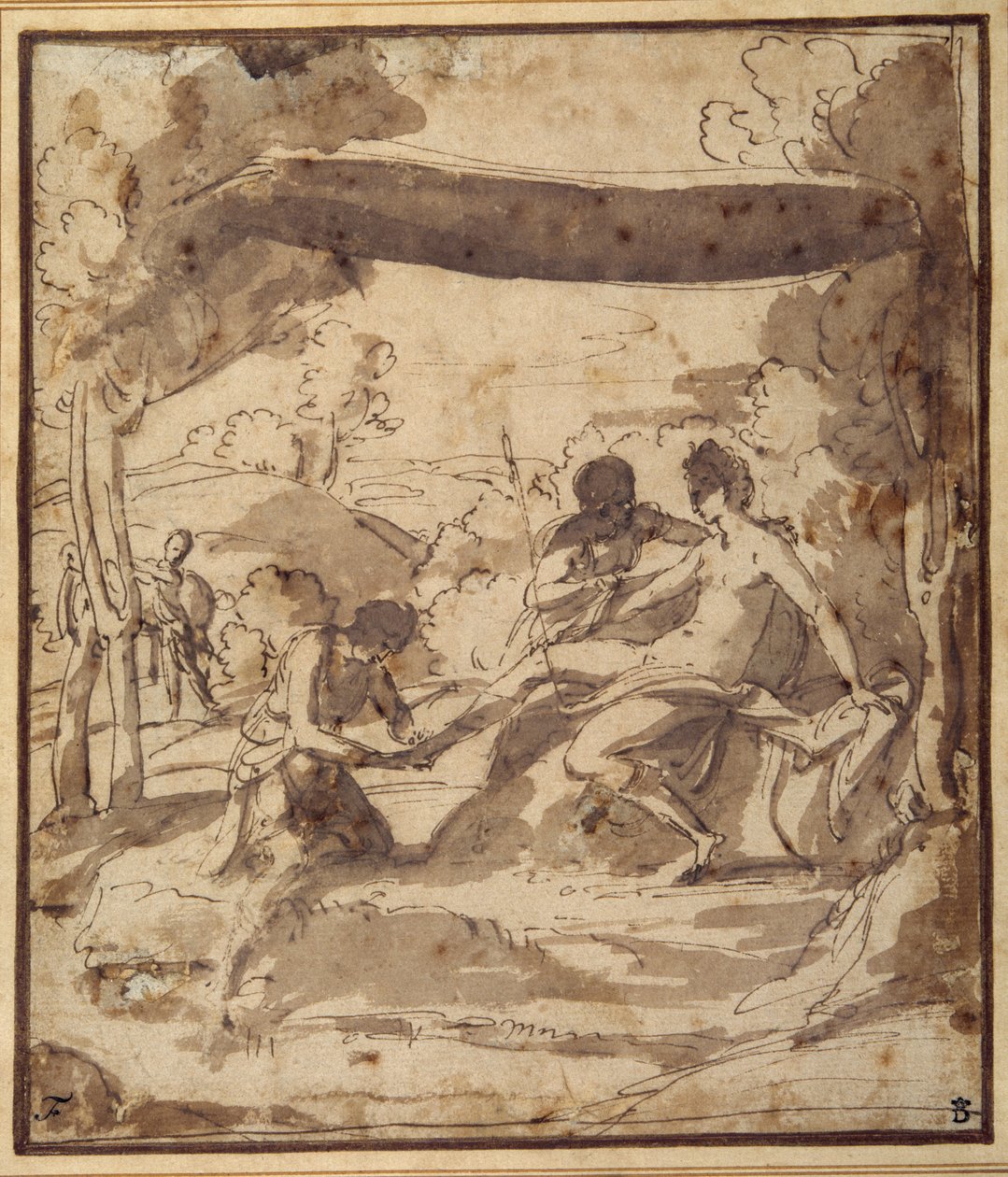 Venus, tilbakelent under en rustikk baldakin, med Adonis som fester sandalen (penn og blekk med vask på papir) av Francesco Albani