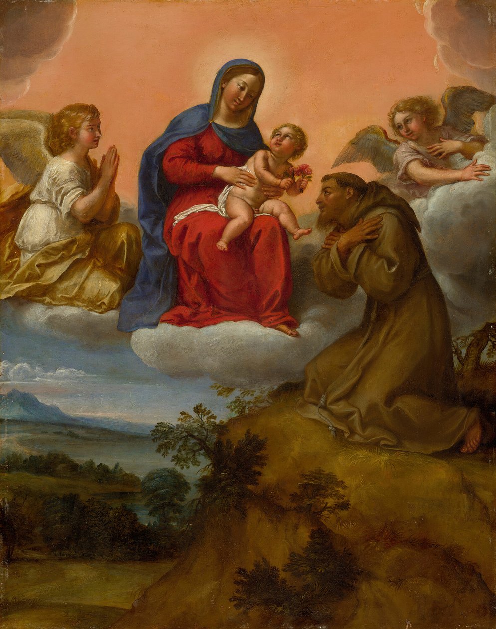 Jomfru og barn tilbedt av Saint Francis, ca. 160607. av Francesco Albani
