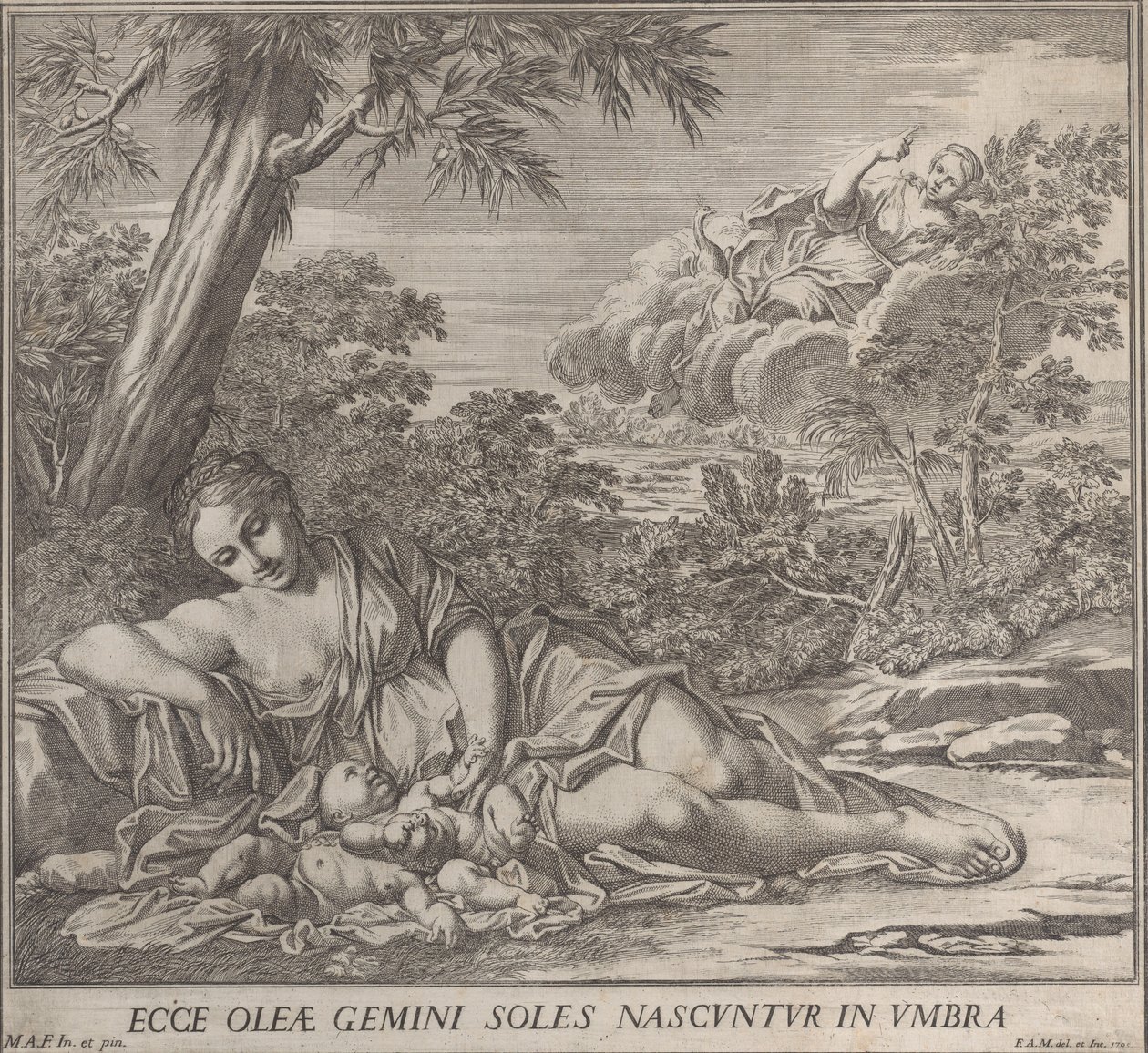 Latona og hennes sovende tvillinger, Apollo og Diana, i et landskap, 1705. av Francesco Antonio Meloni