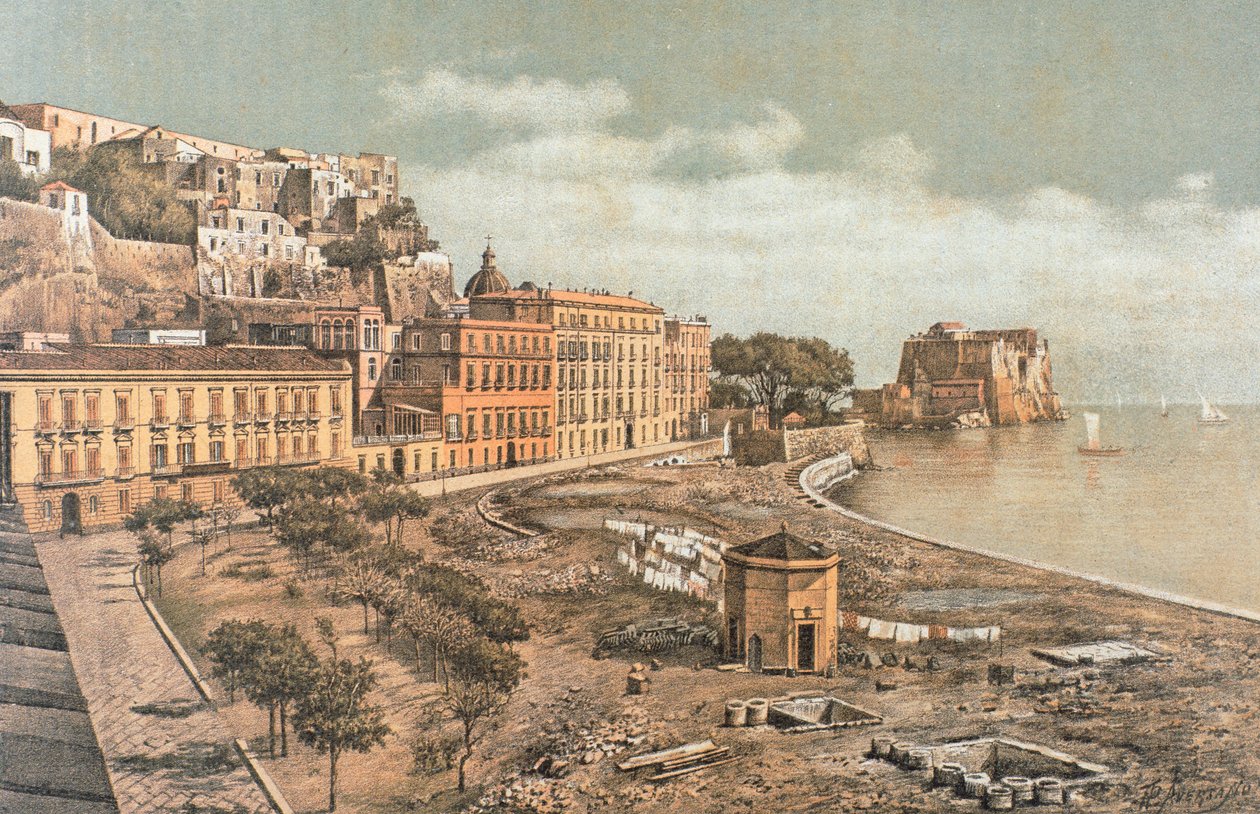 Chiatamone Street, i Napoli, illustrasjon fra det gamle Napoli, av Raffaela D