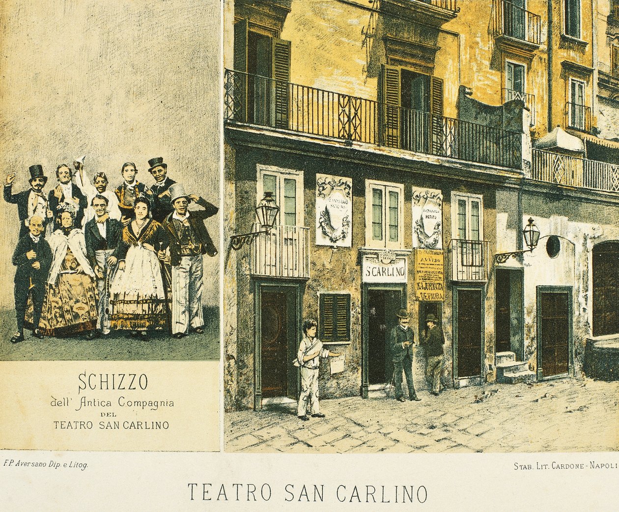 Utsikt over Royal Theatre of Saint Charles i Napoli, av Francesco Aversano, litografi hentet fra Napoli i antikken, av Raffaele d