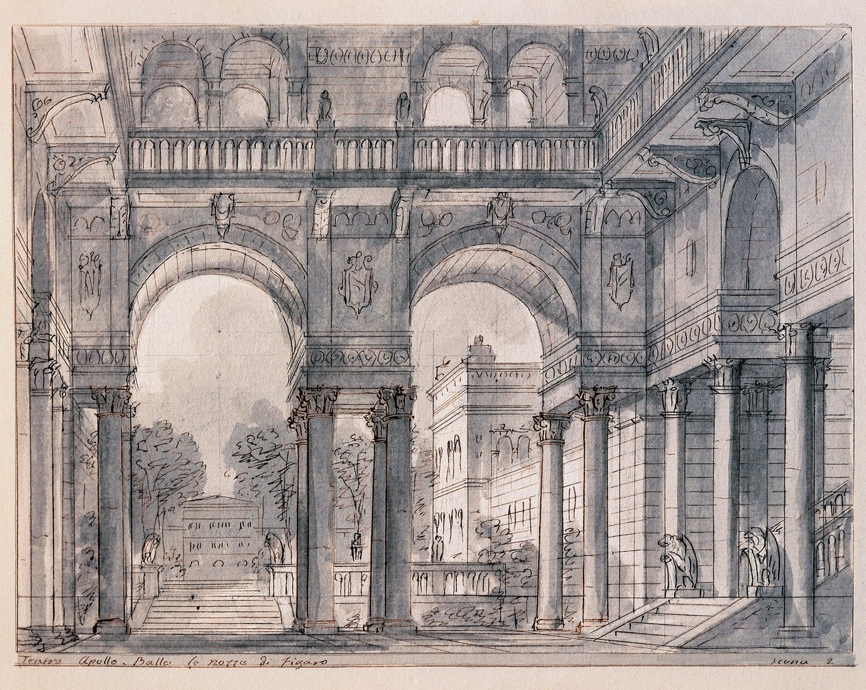 Scenografi for den andre scenen av "" Les noces de Figaro (Figaros ekteskap) av Wolfang Amadeus Mozart (1756-1791) regissert av scenografen Francesco Bagnara (1784-1866) 1820-1839 Venezia Museo Correr av Francesco Bagnara