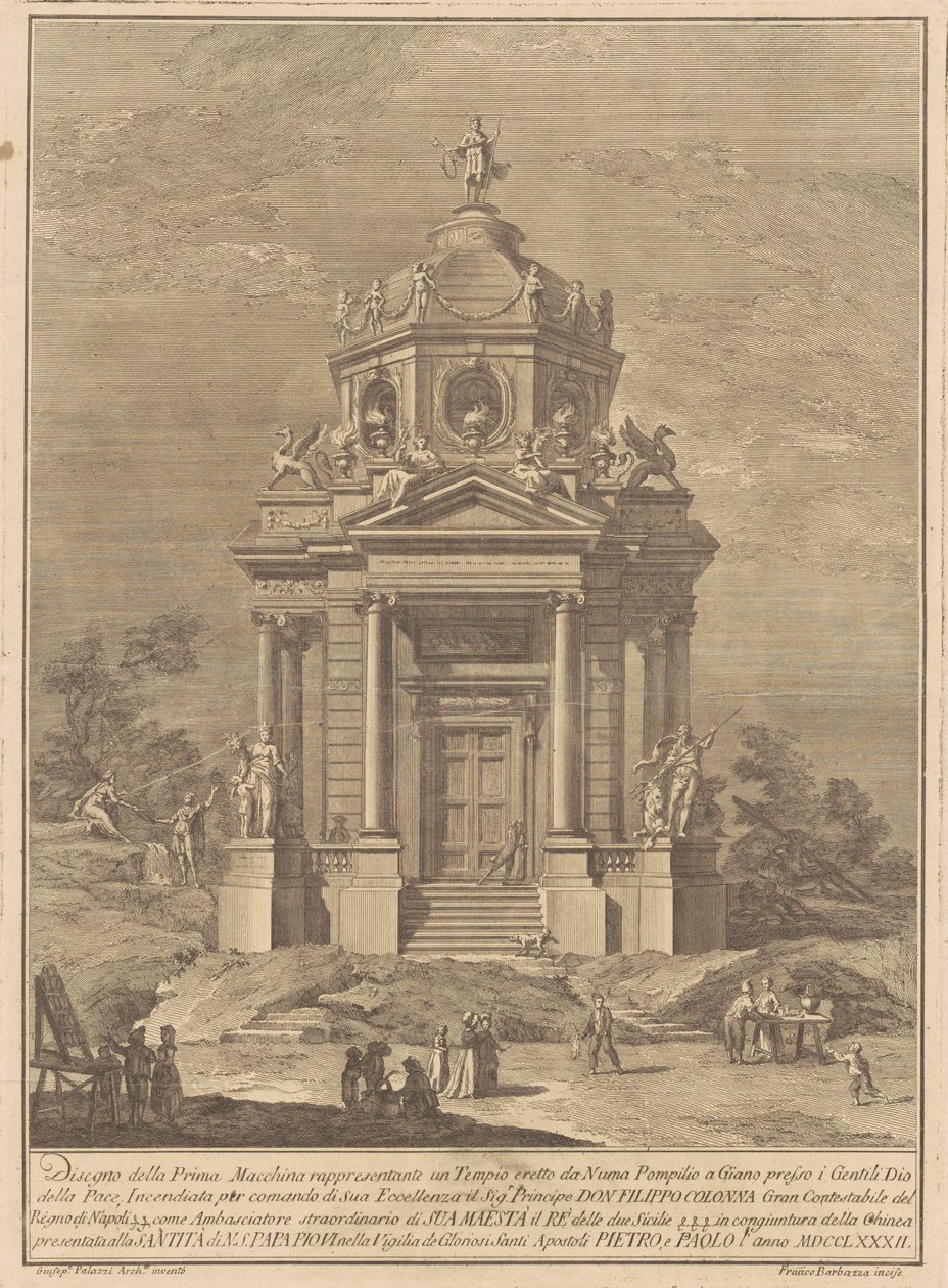 Prima Macchina for Chinea av 1782: Janus-tempelet bygget av Numa Pompilius av Francesco Barbazza, after Giuseppe Palazzi