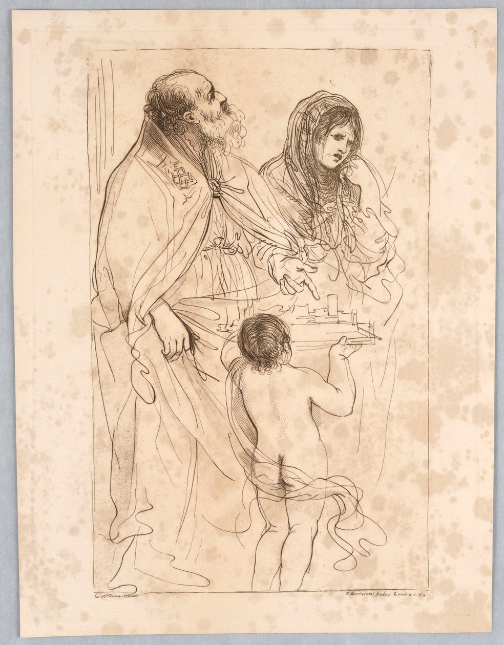 En biskopshelgen som peker på en modellby, med andre figurer, etter en tegning av Guercino av Francesco Bartolozzi