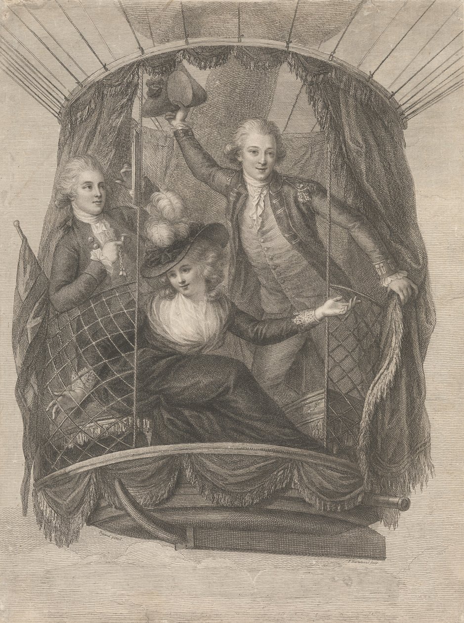 Ascension av Madame Sage, Chevalier Biggin og kaptein Vincent Lunardi i en ballong, 20. juni 1785 av Francesco Bartolozzi