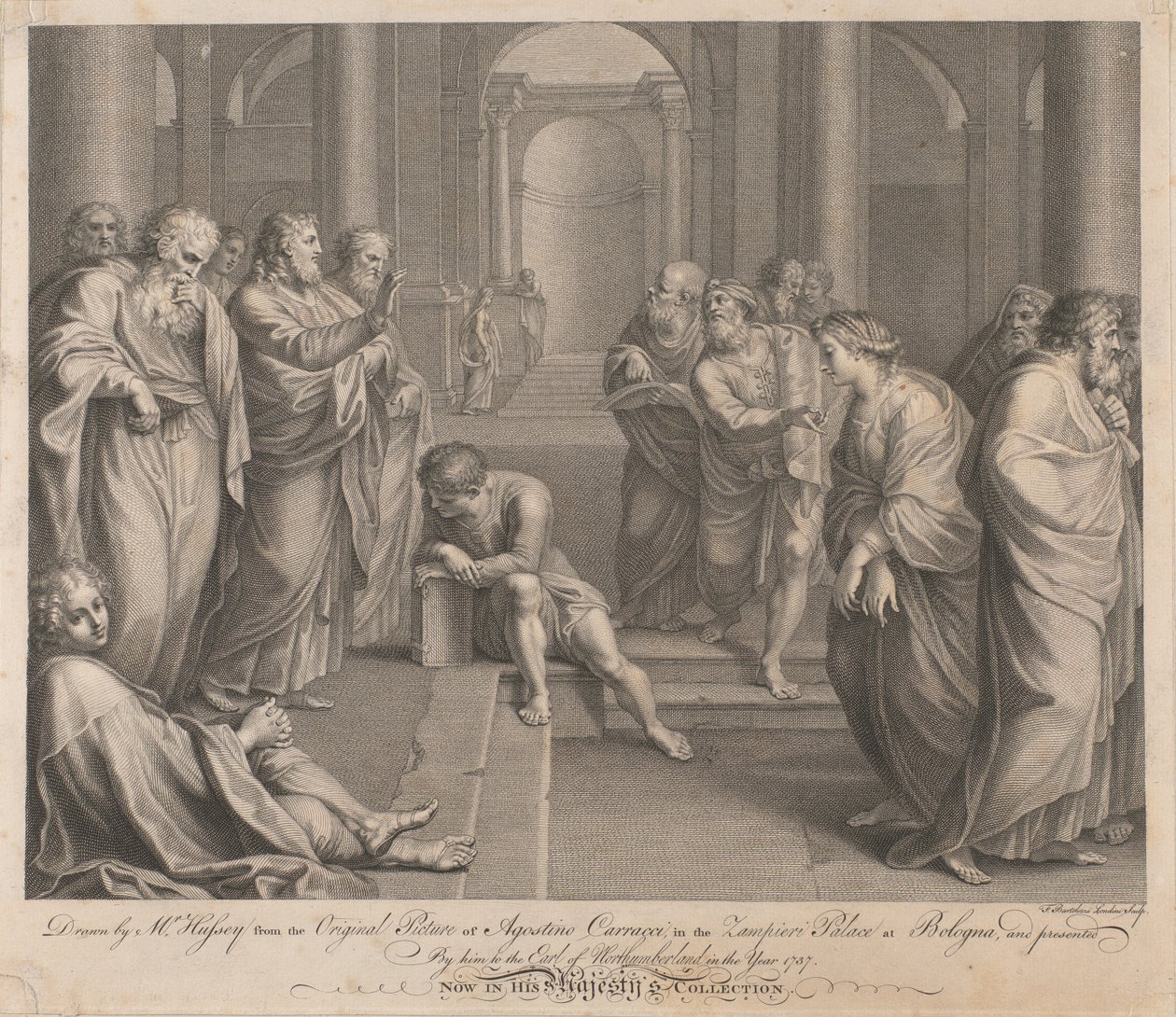 Kristus velsigner en ekteskapsbryterske med bundne håndledd i et tempel av Francesco Bartolozzi