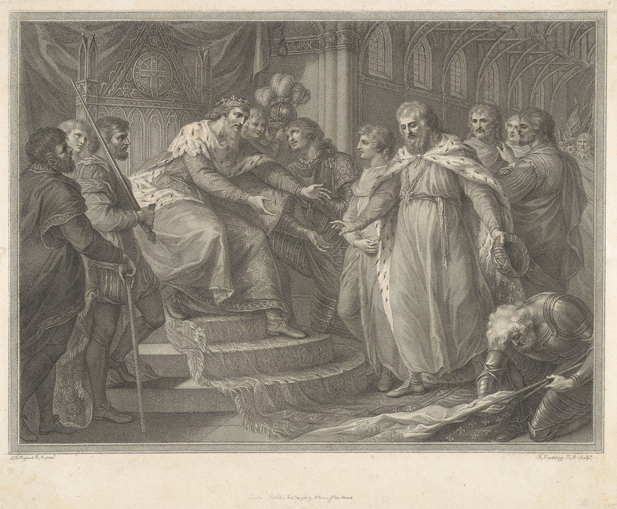 Edward, prins av Wales, presenterer den fangede kong Johan av Frankrike og hans sønner for sin far Edvard III etter slaget ved Poitiers av Francesco Bartolozzi