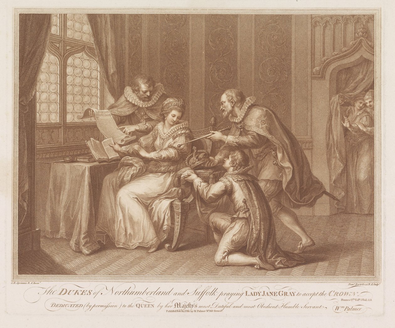 Dukes of Northumberland og Suffolk ber Lady Jane Gray om å akseptere kronen Hertugene av Northumberland og Suffolk ber Lady Jane Gray om å akseptere kronen (tittel på objektet) av Francesco Bartolozzi