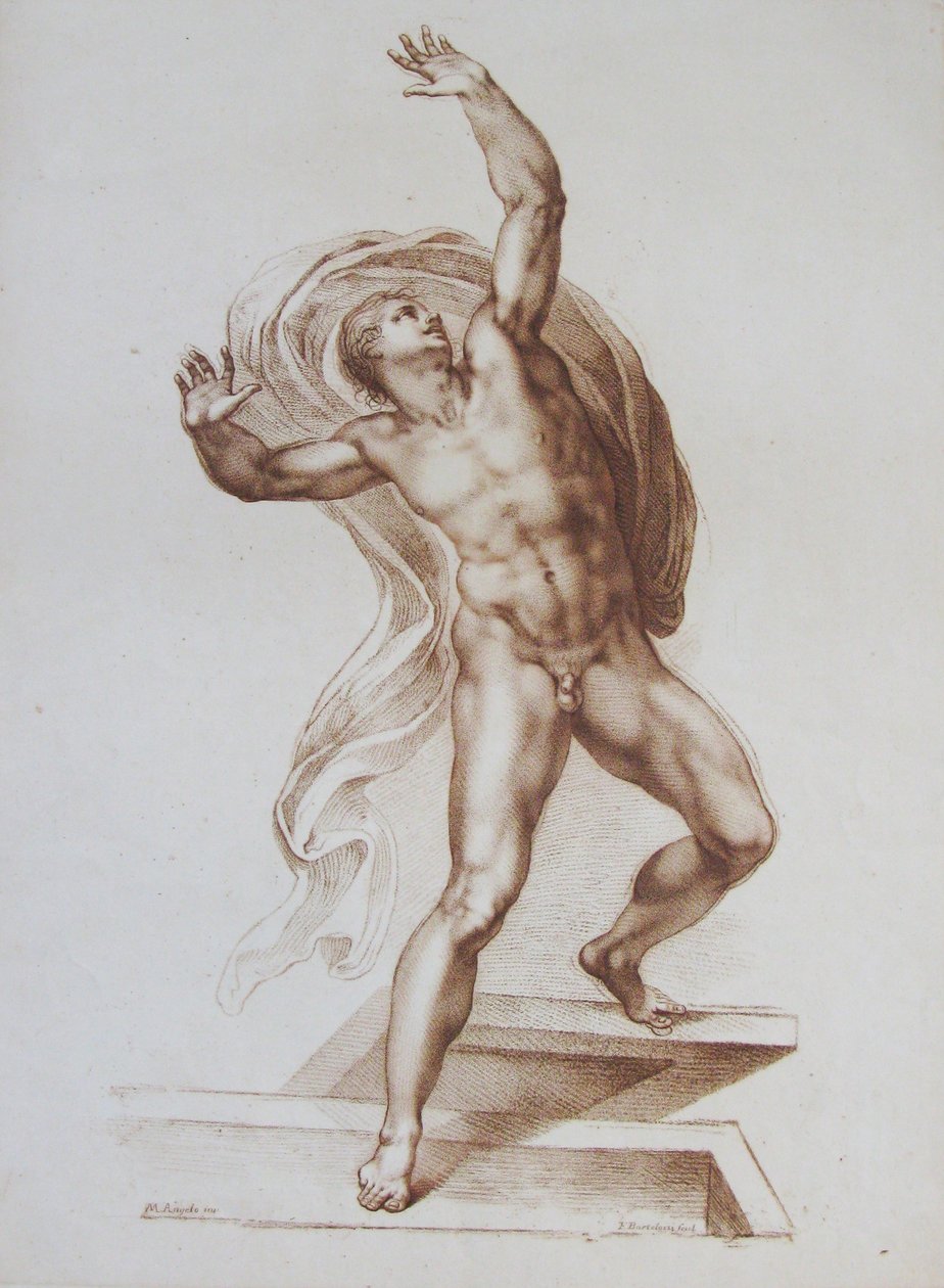 Mannsfigur kopiert fra Michelangelos 'The Last Judgement' (gravering) av Francesco Bartolozzi