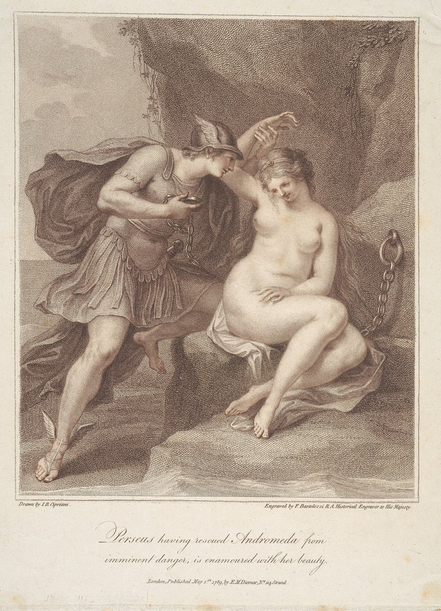 Persevs, som har reddet Andromeda fra overhengende fare, forelsker seg i hennes skjønnhet av Francesco Bartolozzi