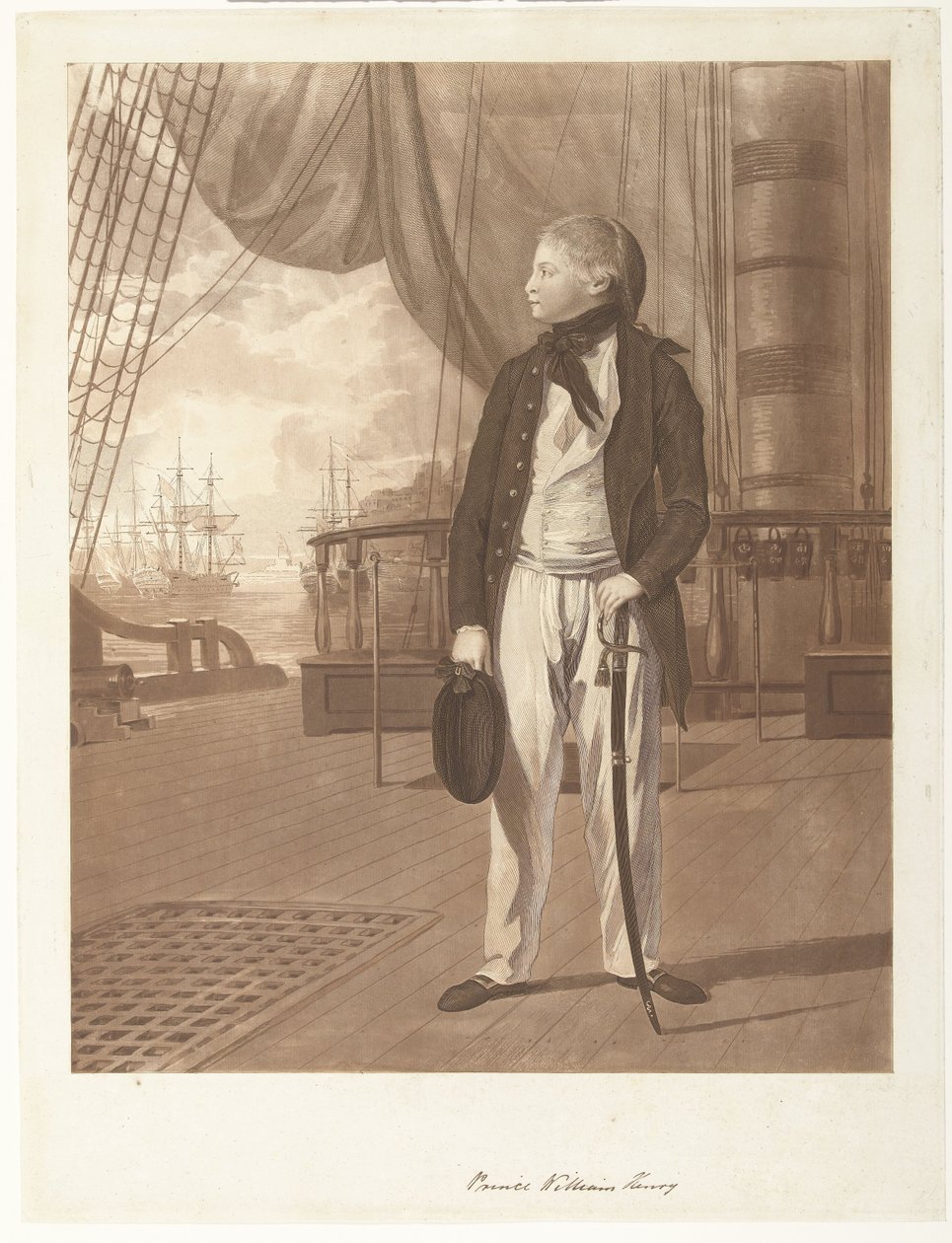 Portrett av prins William Henry ombord på et krigsskip fra den britiske kongelige marinen. av Francesco Bartolozzi
