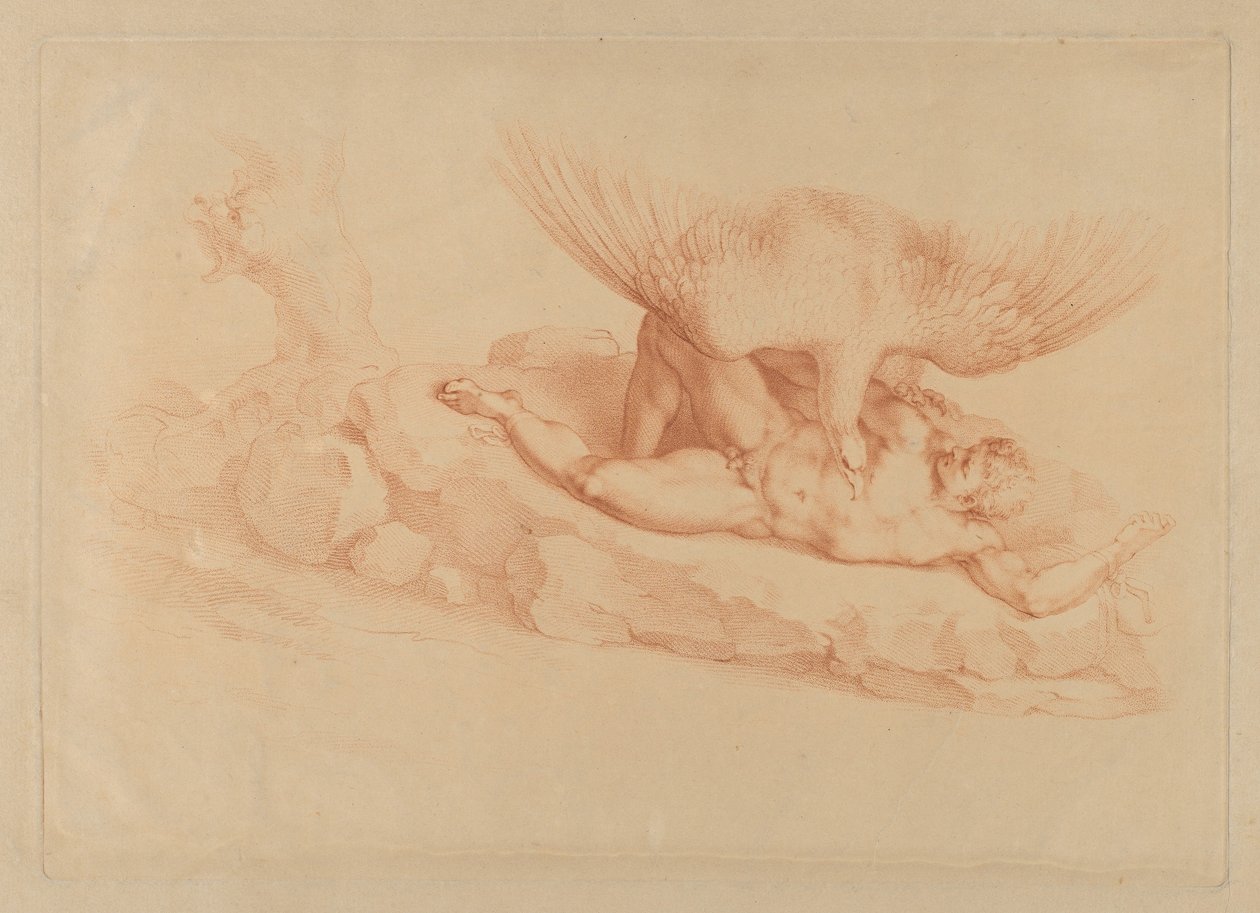 Prometheus, naken, lenket til en stein, ser opp på en ørn som står over ham, 1795. av Francesco Bartolozzi