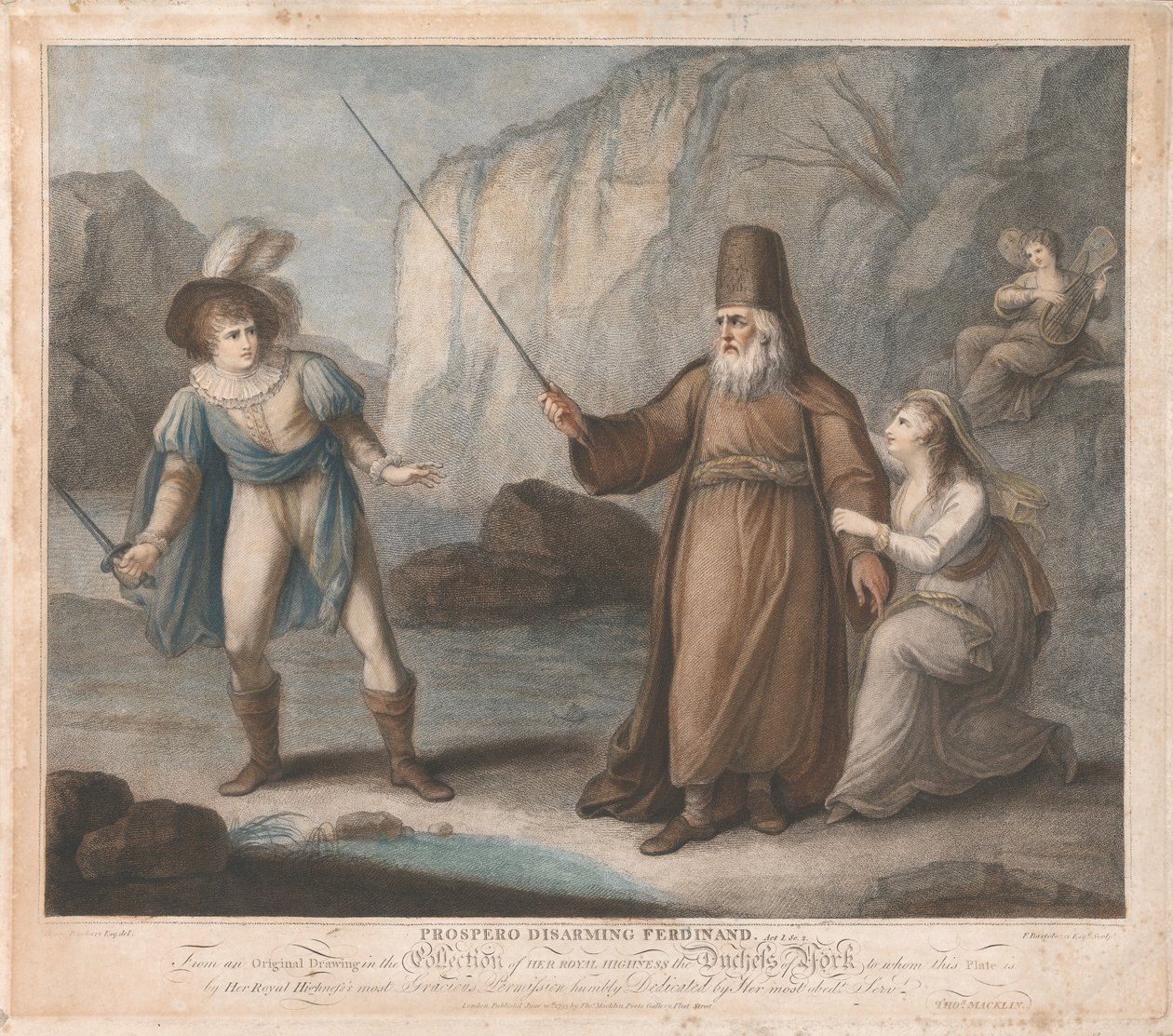 Prospero avvæpner Ferdinand, akt I, scene II av Francesco Bartolozzi