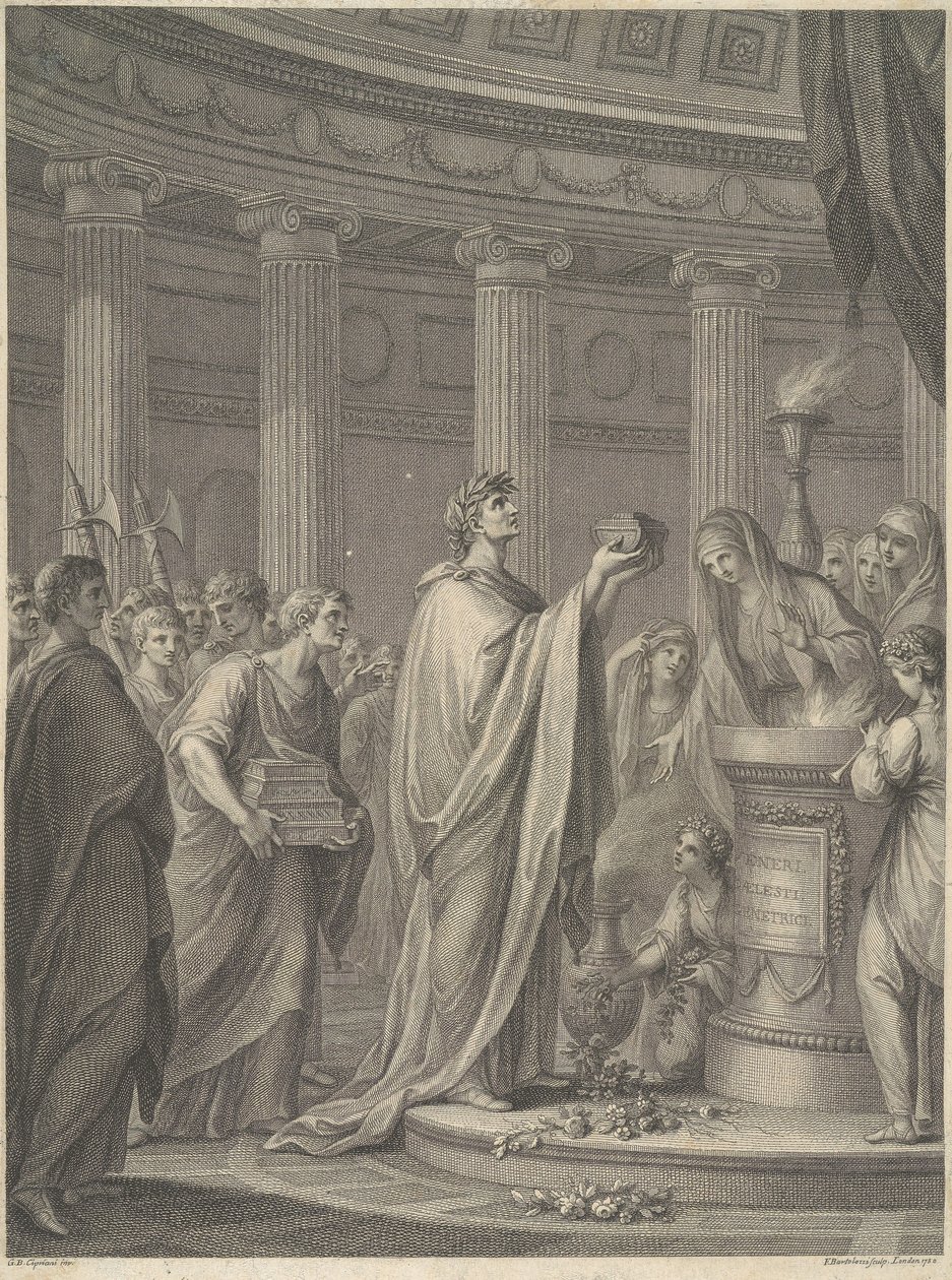 Den romerske generalen Julius Cæsar innvier tempelet for Venus Genetrix på Cæsars forum i Roma, 46 f.Kr. av Francesco Bartolozzi