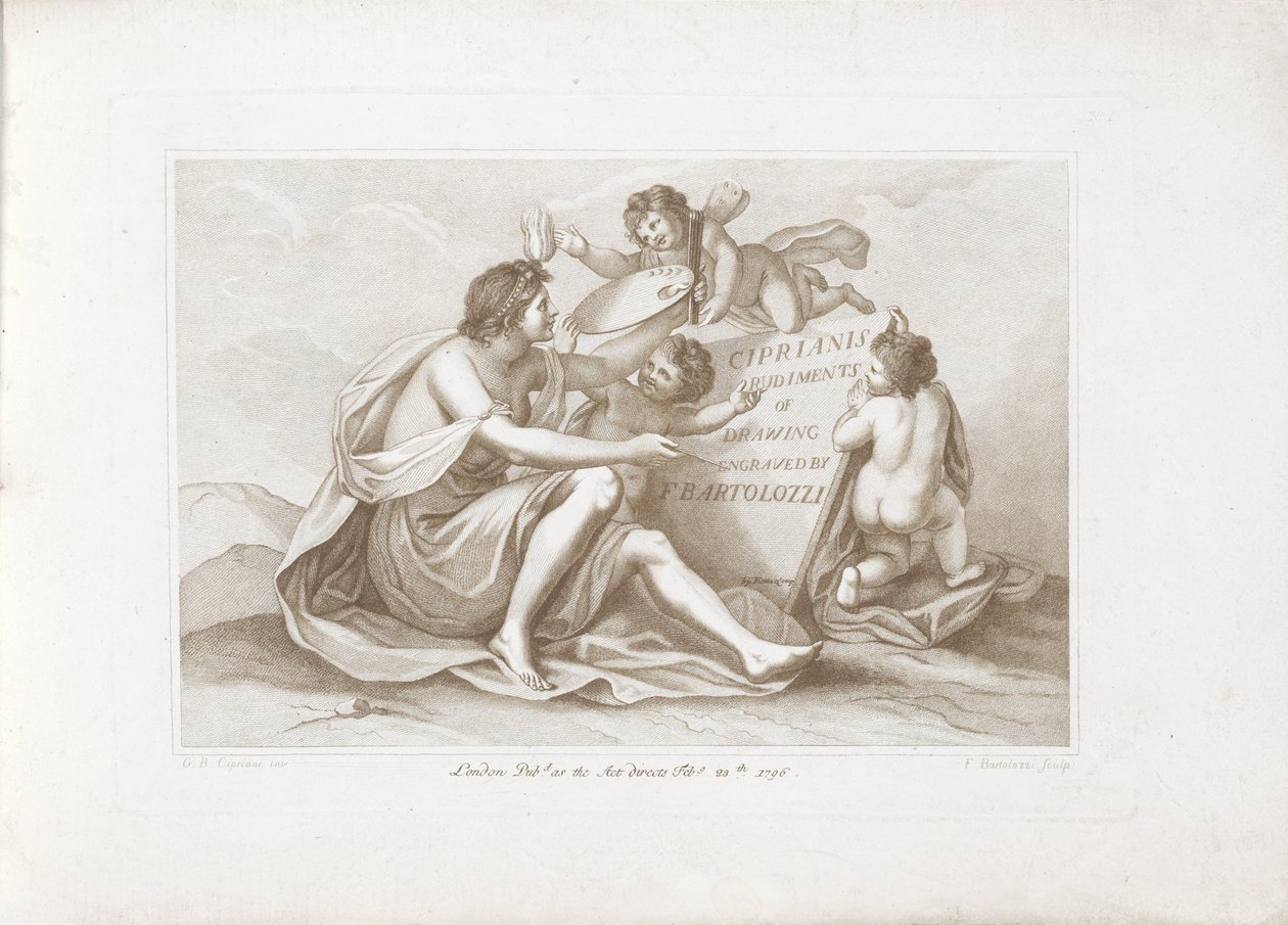 Titteltrykk med personifisering av maleri Ciprianis tegningsprinsipper (serietittel) Ciprianis rudiments of drawing (serietittel på objekt) av Francesco Bartolozzi