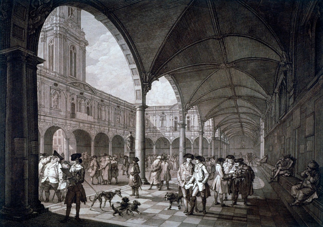 Utsikt over gårdsplassen i Royal Exchange med kjøpmenn og meglere, City of London, 1788 av Francesco Bartolozzi