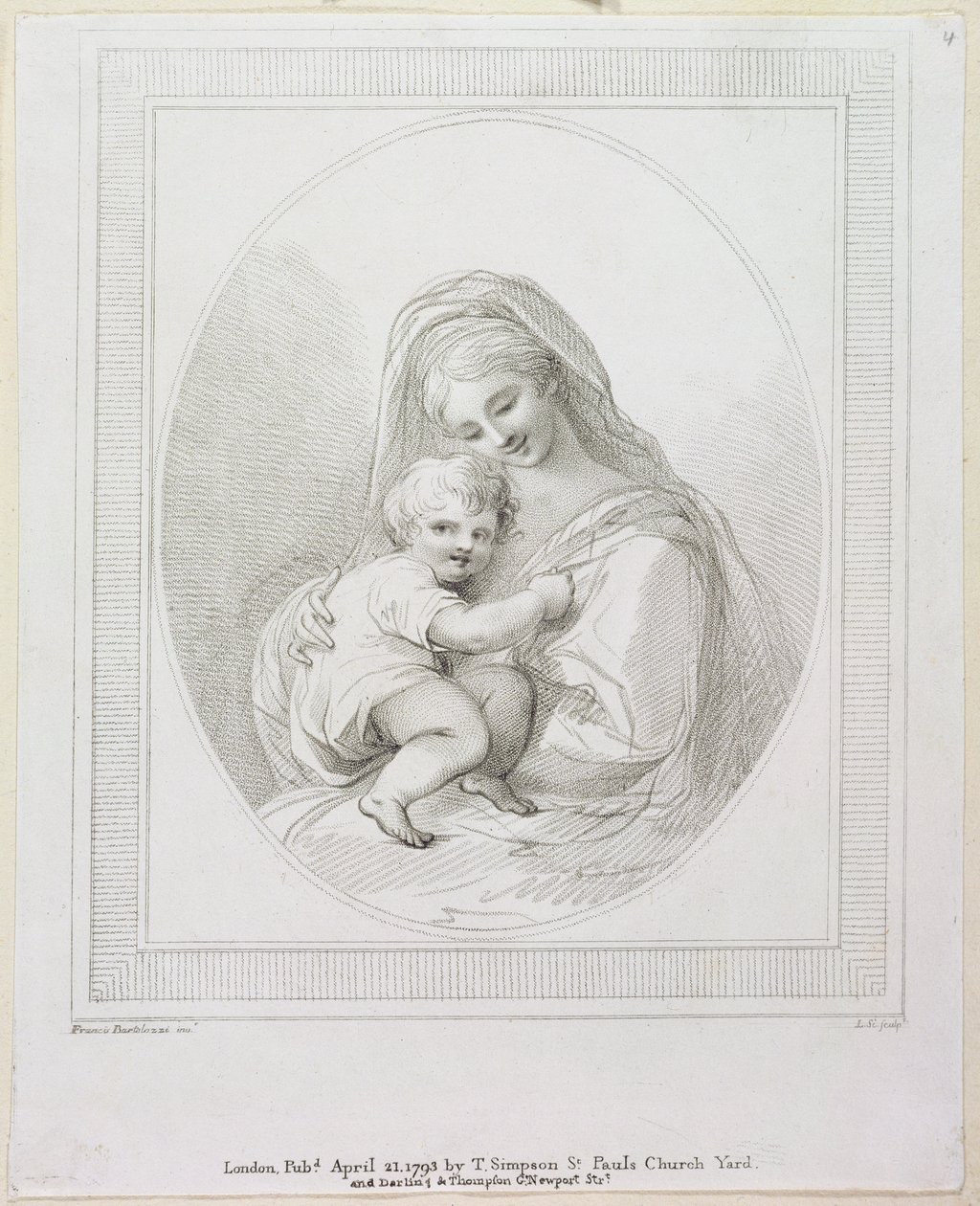 Jomfru og barn, gravert av Luigi Schiavonetti (1765-1810) 1793 (gravering) av Francesco Bartolozzi